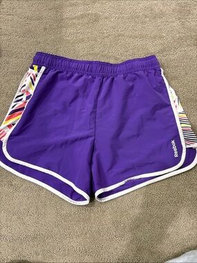 Reebok Purple Athletic Shorts with White Trim and Multicolor Side Panels